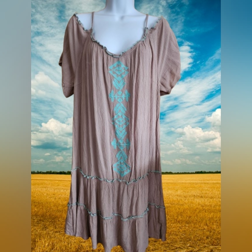Umgee-Cold Shoulder Cotton Blend Boho Dress/ Tunic Size L